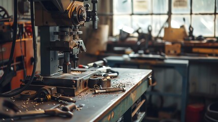 A bending machine with various metal pieces and tools around it