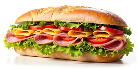 Sandwich filled with ham cheese tomato and lettuce on long bread roll