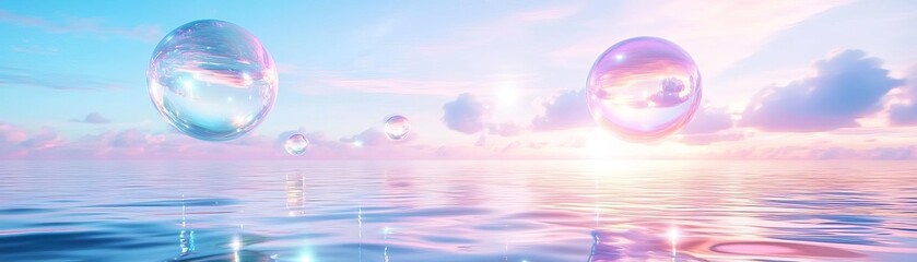 Dreamy iridescent bubbles float above a calm, colorful sea.
