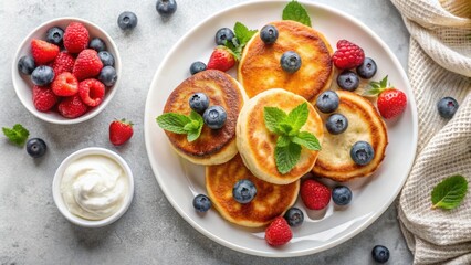 Top view of cottage cheese fritters or pancakes, syrniki, served with fresh berries and cream , cottage cheese, fritters