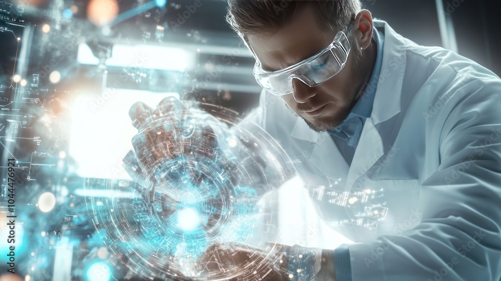 Poster a scientist working in a laboratory with quantum computing hardware,