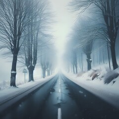 Obraz premium Winter landscape with road and trees in the fog, 3d render generated by AI