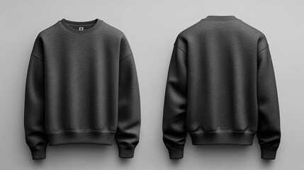 This image displays a charcoal black crewneck sweatshirt mockup in both front and back views, isolated on a clean background. Ideal for showcasing clothing designs or product presentations.