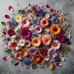 Flowers are composed on a gray background. Flat lay, top view generated by AI