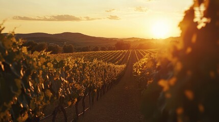 Sunset over a vineyard with endless rows of vines, symbolizing the abundant harvest and the skilled art of winemaking
