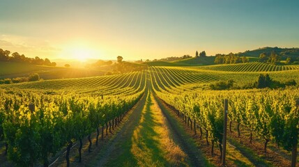 Vineyard at golden hour with rows of vines illuminated by the setting sun, symbolizing the abundant beauty of winemaking