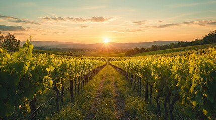 Fototapeta premium Vineyard rows illuminated by the setting sun, stretching endlessly toward the horizon, embodying the art of winemaking and abundance