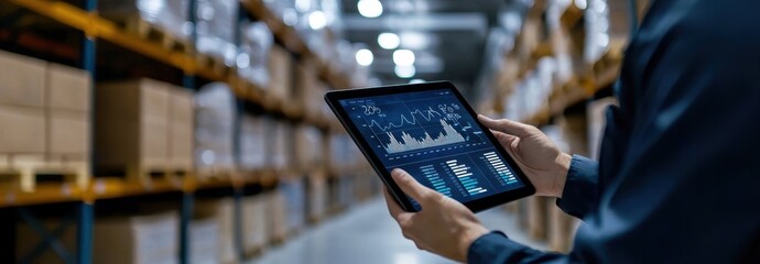 A warehouse worker holds an iPad while analyzing inventory data on the screen. The modern workspace features shelves full of boxes and focuses on efficiency in logistics.