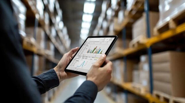 A warehouse worker holds an iPad displaying important inventory data and charts, showcasing the integration of technology in logistics management and operations.
