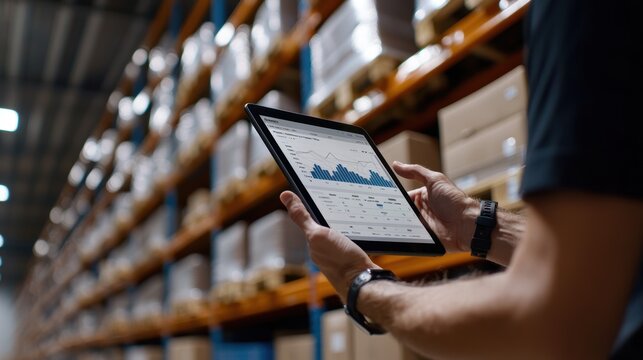 A warehouse worker is using an iPad to view and analyze data on inventory and performance, showcasing the integration of technology in modern logistics.