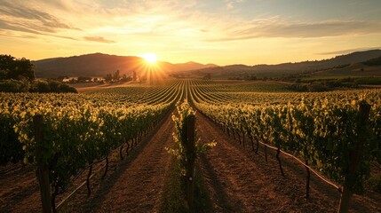 A golden sunset over a vineyard, with rows of vines stretching into the distance, symbolizing the abundance and beauty of winemaking