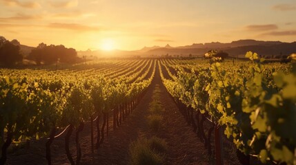 Fototapeta premium A serene vineyard at golden hour, with rows of vines reaching toward the horizon, symbolizing abundance and the art of winemaking