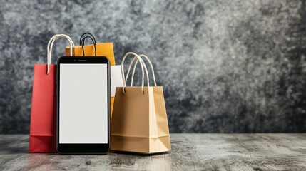 Smart phone blank screen and paper shopping bag with handle for retail merchandise gift sale