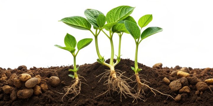 Green soybean plant with roots in soil isolated on background, Soybean, plant, green, growth, agriculture, farming, roots