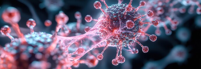 Explore a high-fidelity visualization of a virus representation, showcasing intricate details and vibrant colors that highlight its complex structure and biological significance.