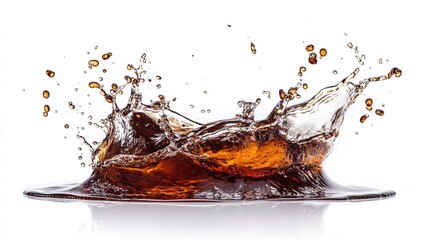 Refreshing brown whiskey cola soda drink splash with ice cube isolated on white