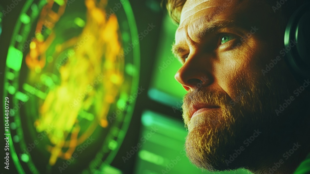 Aufkleber Focused Engineer Analyzing Rocket Launch Data in Mission Control Center