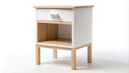 Fototapeta premium Scandinavian IKEA Bedside cabinet with white shelves and natural wood frame on white background