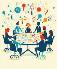 Dynamic Business Innovation: Team of Professionals Utilizing Agile Methods Around a Project Board with Task Cards, Circular Arrows, and Bright Colors Representing Creativity and Efficiency