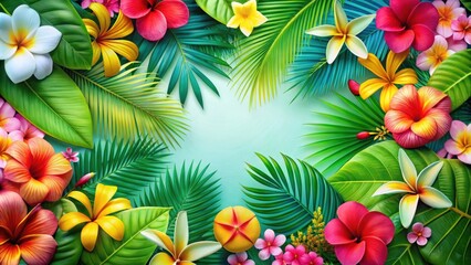 Colorful tropical flowers and palm leaves background, tropical, flowers, palm leaves, colorful, vibrant, exotic, lush