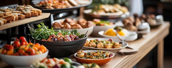 Fototapeta premium Gourmet buffet table at a luxury event, vibrant dishes and appetizers in focus, creating a refined and festive atmosphere
