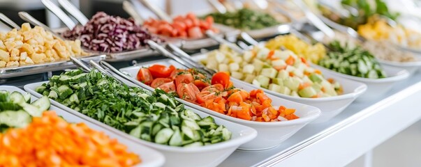 Obraz premium Opulent buffet presentation with a variety of fresh ingredients, perfect for high-end corporate events, weddings, or exclusive parties