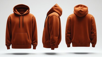 Rust hoodie front view side view and back view isolated mockup on a white background no zipper no people showcasing a classic casual design with a hood and black strings.. Generative AI