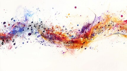 An imaginative design showcasing a musical staff filled with vibrant quantum particles and music notes,