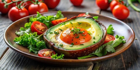 Freshly baked avocado egg in tomato sauce served with a side of fresh salad , healthy, brunch, breakfast, baked