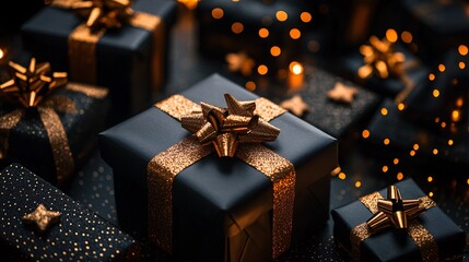 New year gift boxes with golden ribbon, bow, and red wrap decoration for holiday celebration