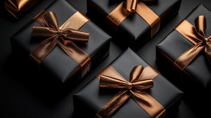 Red and gold gift box with ribbon and bow on black background for Christmas or birthday celebration surprise present package