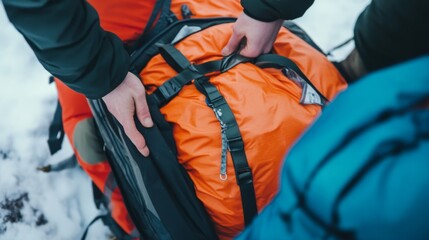 winter hiking safety preparation, hands packing emergency supplies, vibrant color contrast, adventure gear detail shot, rugged outdoor equipment, documentary style photography, mountain expedition