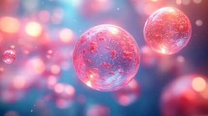 3D rendering of pink and red cells floating against a blue background with a bokeh effect, evoking molecular or microscopic elements in a hyper-realistic and futuristic style.