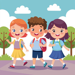 Three school kid happily going their school vector