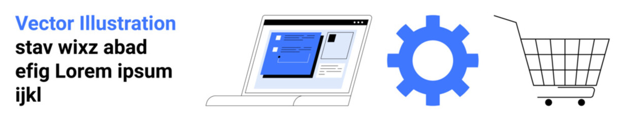Laptop with software interface, blue gear, and shopping cart on white background. Ideal for online shopping, web development, e-commerce, digital marketing, and tech startups. Banner for landing page