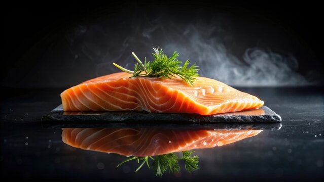 Smoked salmon fillet on a sleek black background , gourmet, seafood, food photography, elegant, luxury, appetizer, fresh