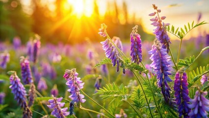 Obraz premium Blooming Vicia cracca bathed in sunlight on a summer day, Vicia cracca, blooming, flowers, summer, sunny, day, nature, plant