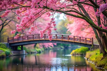 Naklejka premium Scenic bridge over pink tree branches with shallow Depth of Field over river
