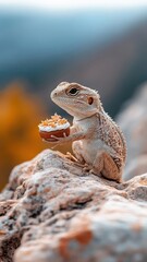 A festive birthday scene with a lizard and a cake on a sun-drenched rock.