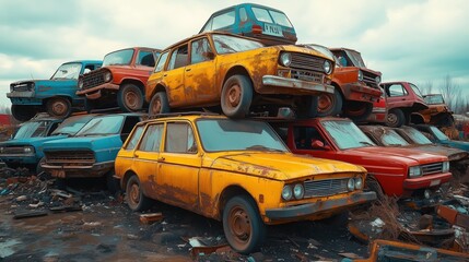 Fototapeta premium Abandoned Cars in a Junkyard for Recycling
