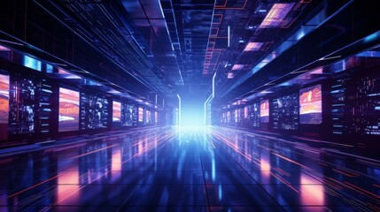 Futuristic Corridor with Neon Lights and Digital Displays