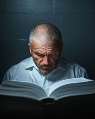Fototapeta premium Focused Detective Analyzing Crime Procedure in Dimly Lit Office