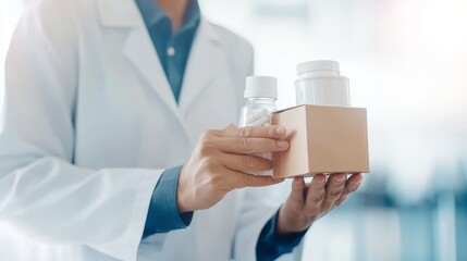 close-up of pharmacist hands handling medication bottle, cardboard box packaging, white lab coat visible, focus on prescription label