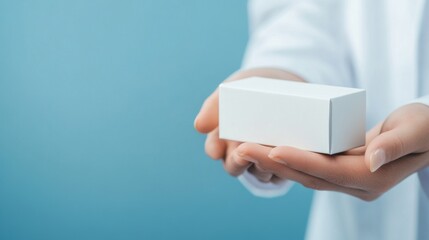 close-up of pharmacist hands offering medication box, white coat sleeve visible, blurred blue background, focus on product packaging