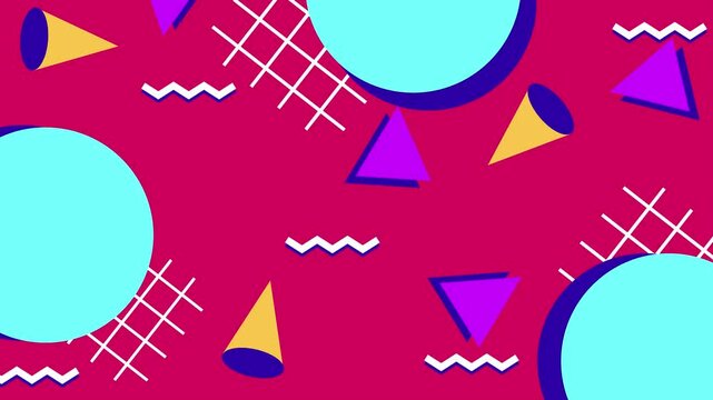 Dynamic and colorful geometric design with bold shapes and patterns reminiscent of the vibrant aesthetics of the 1980s and 1990s seamless 4k video background motion pop art design