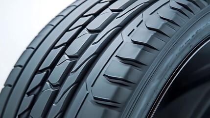 Closeup of a new, black tire with tread pattern.
