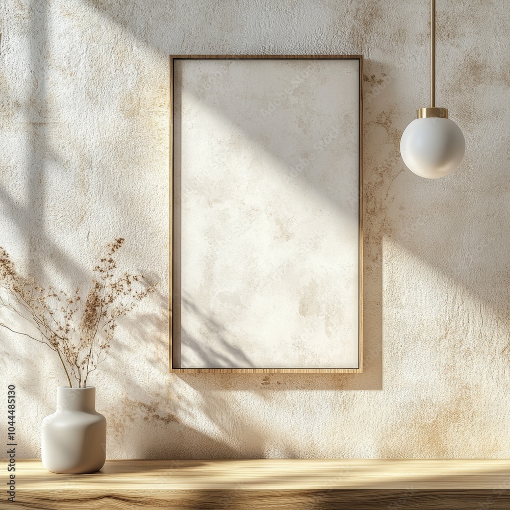 Poster Minimalist Mockup with Empty Frame on Cream Concrete Wall in Serene Setting