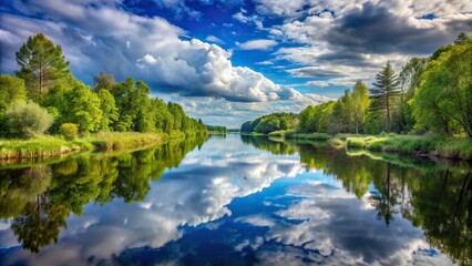 Scenic forest landscape with river under blue cloudy sky
