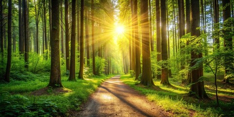 Obraz premium Scenic forest path with asymmetrical tree line under sunlit sky