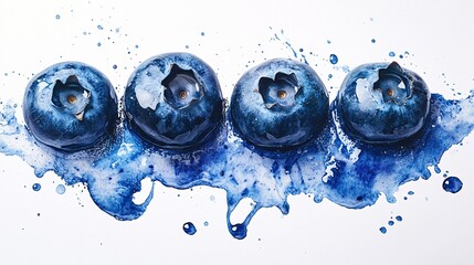 Watercolor blue berry with blue water splash with drops isolated on white background